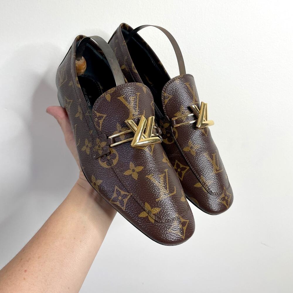 Louis Vuitton Brown Monogram Loafers with Gold Accent